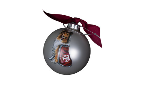 Valiant Gifts Texas A&M Aggies round ornament featuring Reveille artwork with maroon ribbon hanger