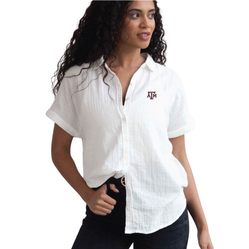 chicka-d Women's White Gauze Woven Short Sleeve Button Up