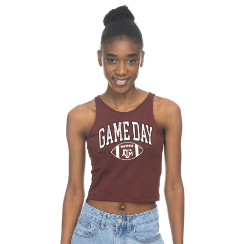 ZooZatz Texas A&M Aggies women’s maroon cropped gameday tank top with Texas A&M football graphic on the front