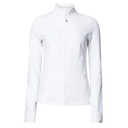 lululemon women’s Define jacket in white with full zip front, fitted athletic design, and stand collar