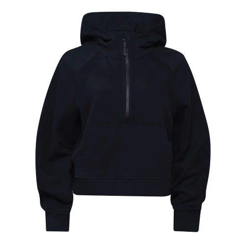 lululemon Scuba women’s black half zip hoodie with cropped fit, hood, and relaxed athletic design