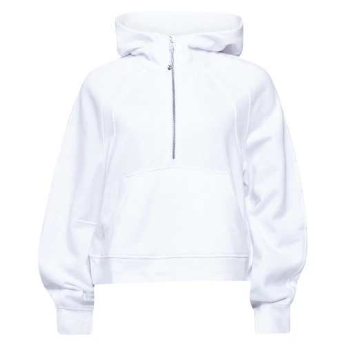 lululemon Scuba women’s white half zip hoodie with cropped fit, hood, and relaxed athletic design