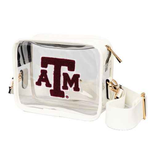 Capri Designs Texas A&M Aggies clear stadium crossbody bag with maroon Texas A&M logo and adjustable strap