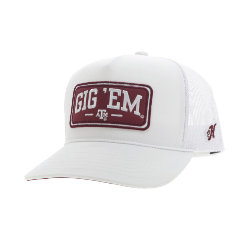 Hooey Texas A&M Aggies white snapback cap with maroon Gig Em patch on the front