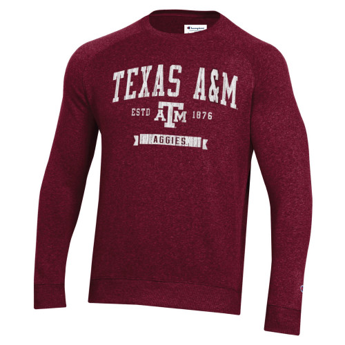 Champion Texas A&M Aggies maroon crewneck sweatshirt with Texas A&M Est 1876 graphic on the front