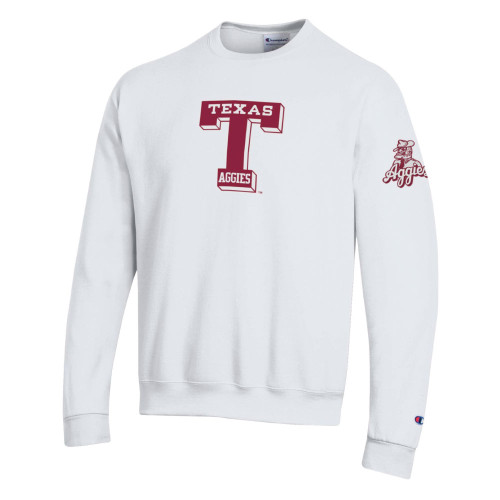 Champion Texas A&M Aggies white crewneck sweatshirt with Texas T graphic on the front and Aggies logo on the sleeve