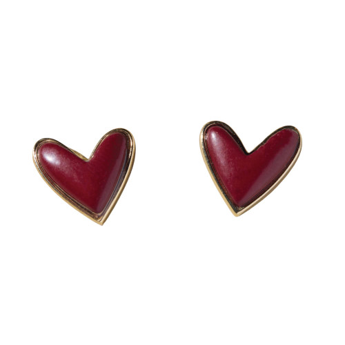 Nickel & Suede Maroon Stone Sweetheart Stud Earrings
