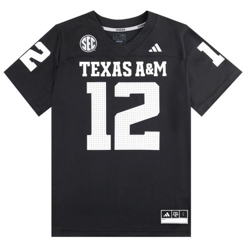 adidas Texas A&M Aggies black football jersey t shirt with number 12 and Texas A&M lettering on the front