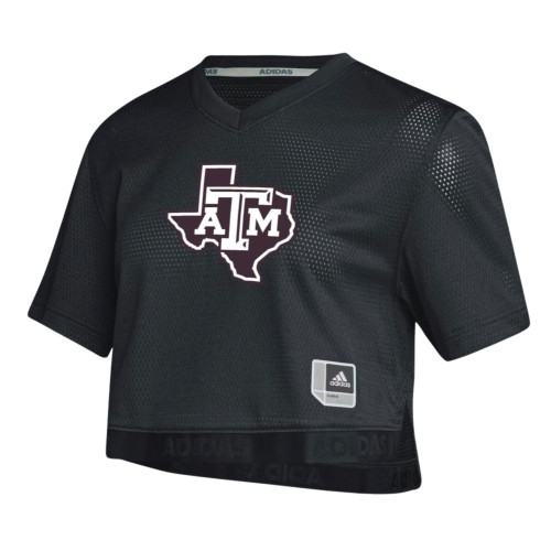 adidas Texas A&M Aggies black cropped jersey with Texas A&M state outline logo on the chest and mesh sleeve panels