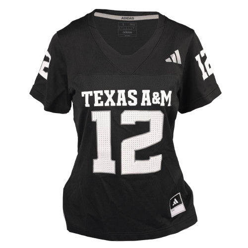 adidas Texas A&M Aggies women’s black football jersey with number 12 and Texas A&M lettering on the front