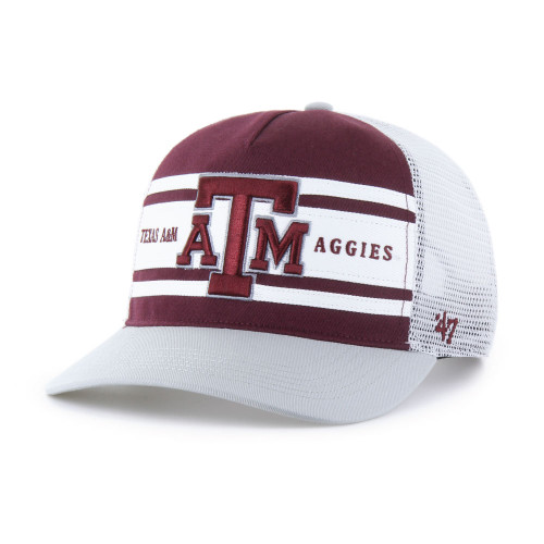 '47 Brand Texas A&M Aggies maroon and white mesh trucker hat with ATM logo and Texas A&M Aggies text on the front