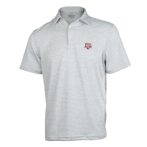 Vineyard Vines Texas A&M Aggies gray striped polo shirt with embroidered Texas A&M logo on the chest