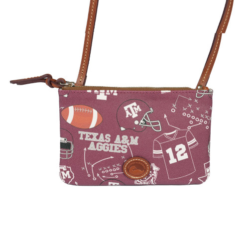 Dooney & Bourke Texas A&M Aggies maroon crossbody purse with football themed Aggies print