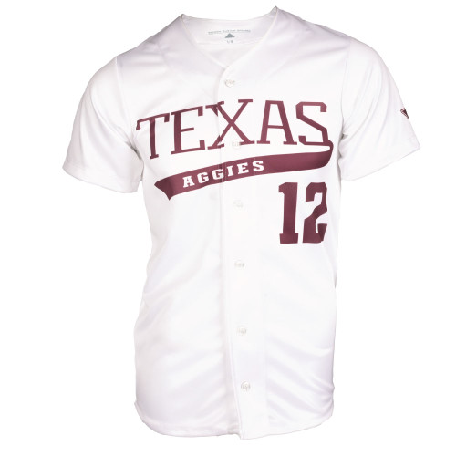 Adidas Texas A&M Aggies white baseball jersey featuring Texas Aggies lettering across the chest with number 12 and Adidas branding