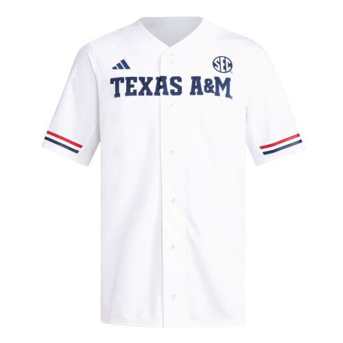 Adidas Texas A&M white baseball jersey with navy Texas A&M lettering across the chest, button front design with striped sleeve trim and athletic fit.