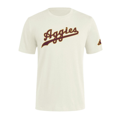 Adidas Texas A&M Aggies cream t shirt featuring script Aggies lettering across the chest with Adidas branding on the sleeve