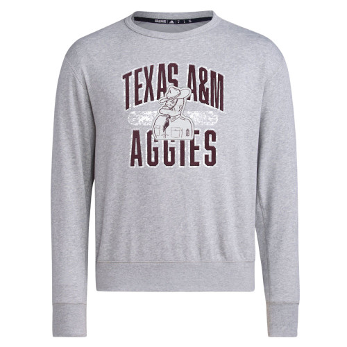 Adidas Texas A&M Aggies gray long sleeve shirt featuring Texas A&M Aggies lettering with Ol Sarge mascot graphic on the front and Adidas branding