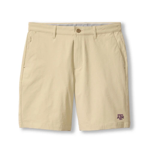 Tommy Bahama Texas A&M Aggies khaki shorts featuring a classic flat front design with Texas A&M logo embroidered near the hem