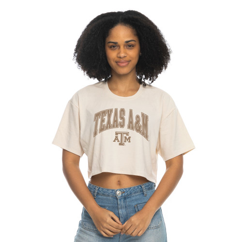ZooZatz Texas A&M Aggies cream cropped t shirt featuring Texas A&M Aggies lettering across the front