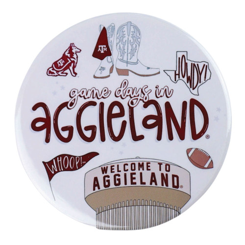 Tailgated Co. Texas A&M Aggies gameday button featuring game day in Aggieland graphic with Aggie themed icons and lettering