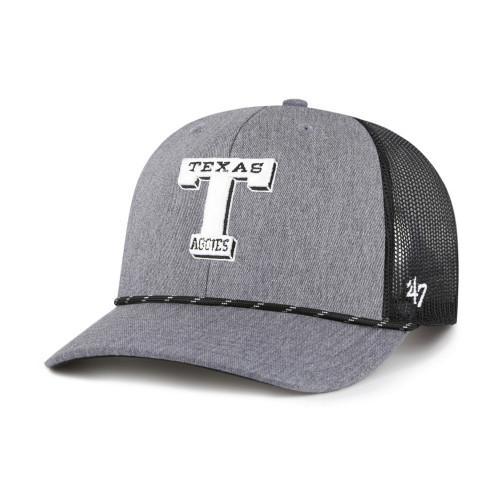 ’47 Brand Texas A&M Aggies grey and black mesh snapback cap with Texas outline logo and Aggies text