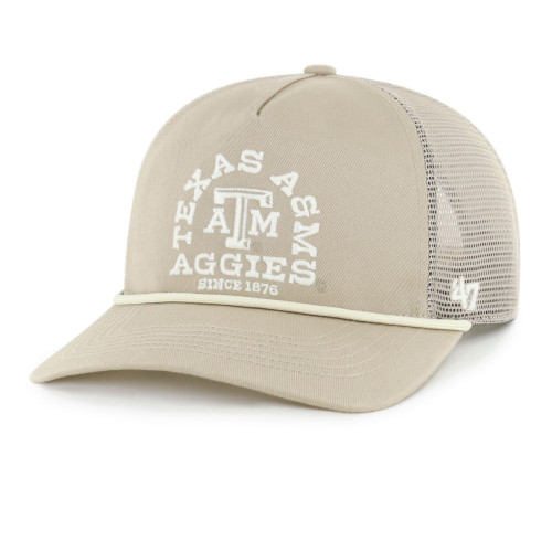 ’47 Brand Texas A&M Aggies tan mesh back cap with circular Aggies logo and ATM graphic on front