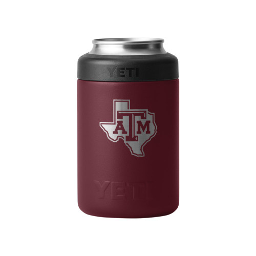 YETI Texas A&M Aggies 12 oz can colster in maroon with Texas outline ATM logo short style