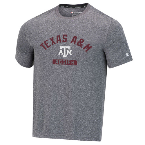 Champion gray Texas A&M Aggies t shirt with arched Texas A&M Aggies text and logo