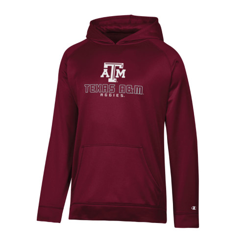 Champion Stadium Youth Maroon Raglan Hoodie featuring a Texas A&M Aggies chest graphic, attached hood, kangaroo pocket, and long raglan sleeves