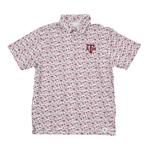 Wes & Willy Texas A&M Aggies women’s white polo shirt with maroon patterned design and logo