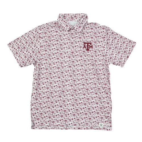 Wes & Willy Texas A&M Aggies women’s white polo shirt with maroon patterned design and logo