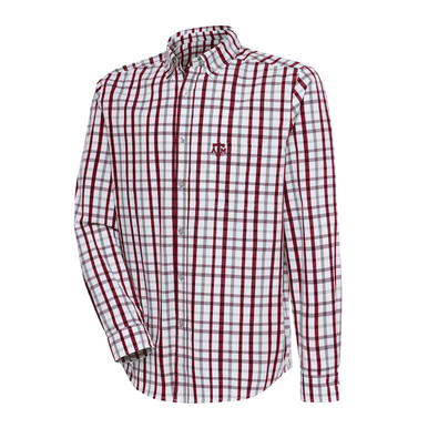 Antigua Men's Maroon, Grey and White Tending Woven Long Sleeve Button Down  - Maroon U