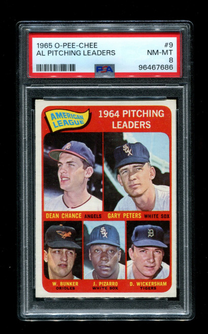 1965 A.L. Pitching Leaders O-Pee-Chee #9 Chance, Peters, Bunker PSA 8