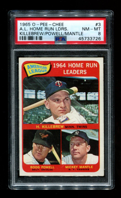 1965 A.L. Home Run Leaders O-Pee-Chee #3 Mickey Mantle, Killebrew PSA 8