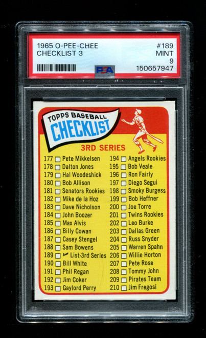 1965 Checklist 3rd Series #189 Baseball PSA 9