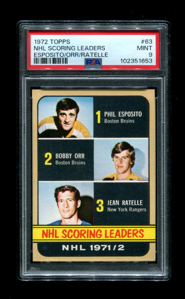 1972 NHL SCORING LEADERS #63 Topps Esposito/Orr/Ratelle PSA 9