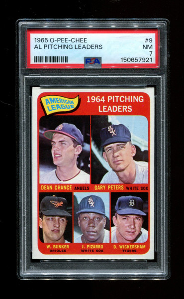 1965 A.L. Pitching Leaders O-Pee-Chee #9 Chance, Peters, Bunker PSA 7