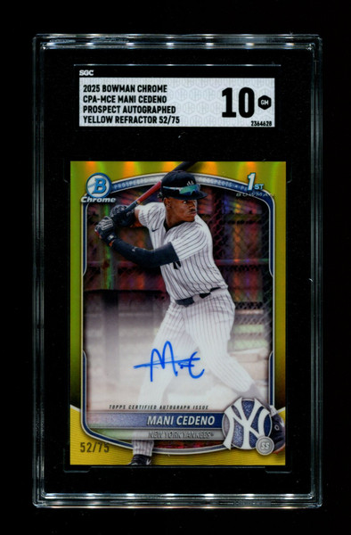 2025 Mani Cedeno Bowman Chrome Prospect Auto /75 Yellow Yankees SGC 10