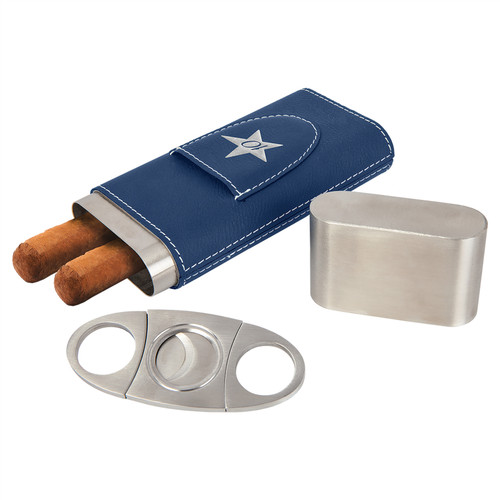 Blue & Silver Leatherette Wrapped Stainless Steel Cigar Case with Cutter.
