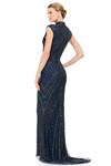 Ashley Lauren 1624 in Navy back view of sculpted beadwork and high back.