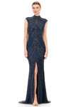 Ashley Lauren 1624 in Navy with sculpting beadwork and cap sleeves.