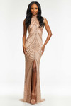 Ashley Lauren 1624 in Gold with a fully beaded fitted column design.