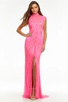 Ashley Lauren 1624 in Hot Pink with a high neckline and dramatic center slit.