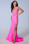 Neon pink Tiffany 16246 dress with V-neck