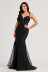 Black CL8210 front view with glitter tulle flare and corset plunge neckline.