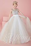 Front view: Tiffany Princess 13476 Ivory Champagne pageant dress with sparkly tulle ball gown skirt and off-shoulder bodice