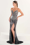 Tiffany Designs 16257 in Onyx Mirage — front angle highlighting sequin shimmer, high slit, and mid-open back.