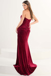 Tiffany Designs 16285 in Crimson — side/back angle highlighting low back, sleek fit, and subtle sweep train.
