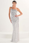 Tiffany Designs 16292 in Silver Light — front view with one-shoulder neckline, linear beads, and high side slit.
