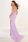 Tiffany Designs 16306 in Lilac Multi — side/back angle showing lace-up corset back, 3D florals, and sweep train.